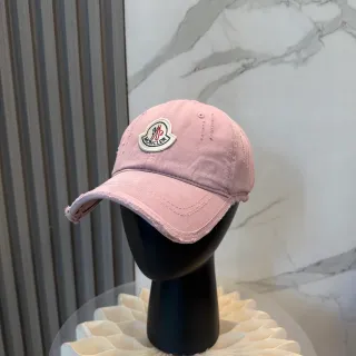 Moncler Pink White Distressed Cotton Embroidered Logo Patch Baseball Cap