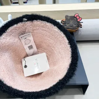 Moncler Zind Dusty Pink and Black Fuzzy Trim Beret