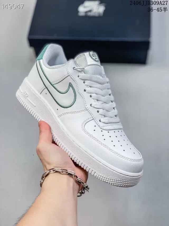 Nike Air Force 1 White Green Low-Top Perforated Toe Lifestyle Sneakers 2