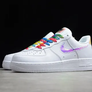 Nike Air Force 1 White Iridescent Swoosh Rainbow Laces Lifestyle Sneakers