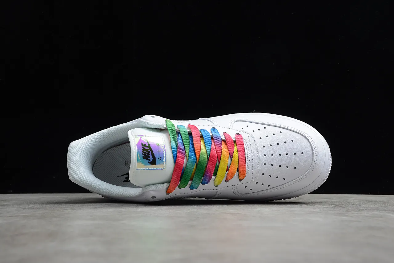 Nike Air Force 1 White Iridescent Swoosh Rainbow Laces Lifestyle Sneakers 4
