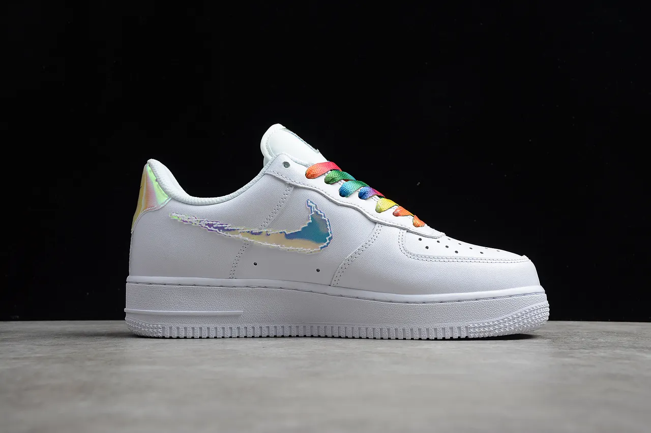 Nike Air Force 1 White Iridescent Swoosh Rainbow Laces Lifestyle Sneakers 5