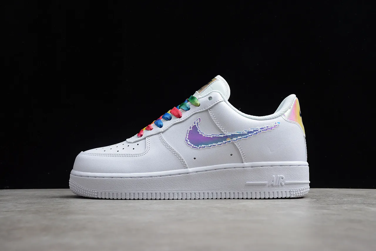 Nike Air Force 1 White Iridescent Swoosh Rainbow Laces Lifestyle Sneakers 6