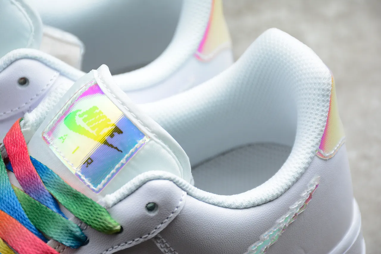 Nike Air Force 1 White Iridescent Swoosh Rainbow Laces Lifestyle Sneakers 12