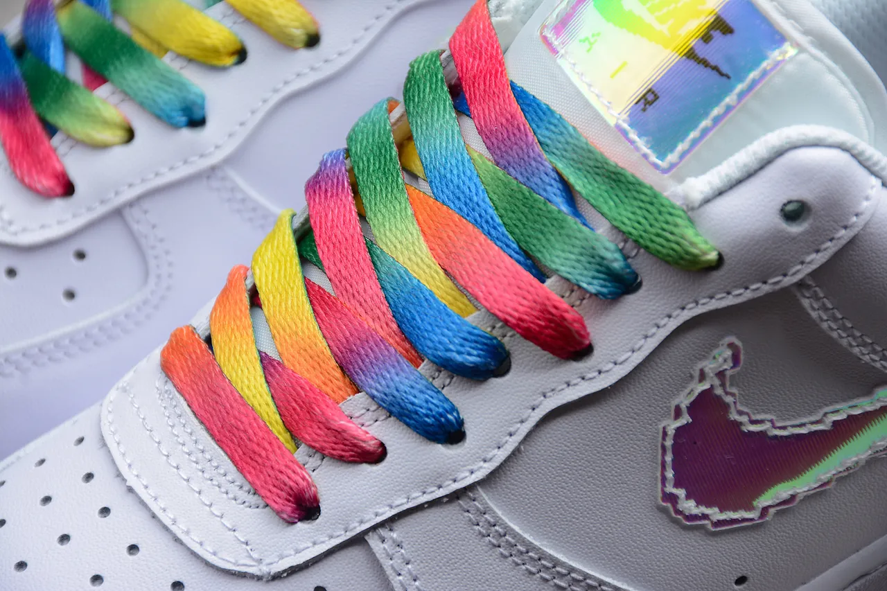 Nike Air Force 1 White Iridescent Swoosh Rainbow Laces Lifestyle Sneakers 13