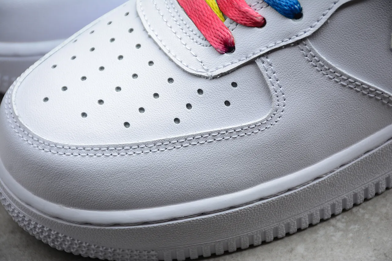Nike Air Force 1 White Iridescent Swoosh Rainbow Laces Lifestyle Sneakers 14
