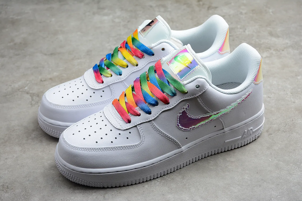 Nike Air Force 1 White Iridescent Swoosh Rainbow Laces Lifestyle Sneakers 15
