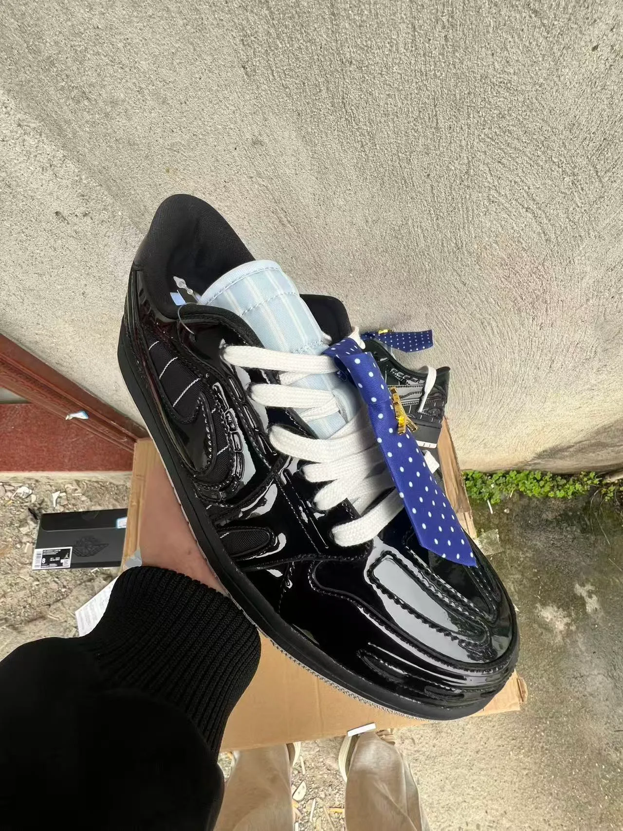 Nike Air Jordan 1 Low Glossy Patent Black White Blue Bow Lifestyle Sneaker 2