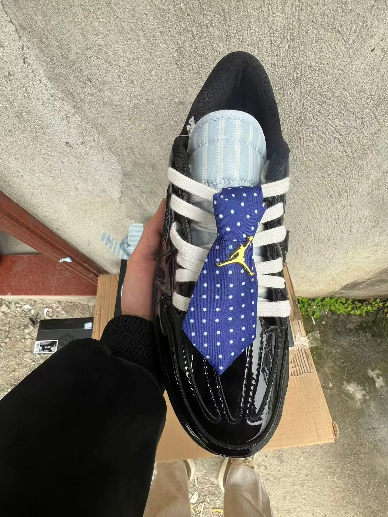 Nike Air Jordan 1 Low Glossy Patent Black White Blue Bow Lifestyle Sneaker 3