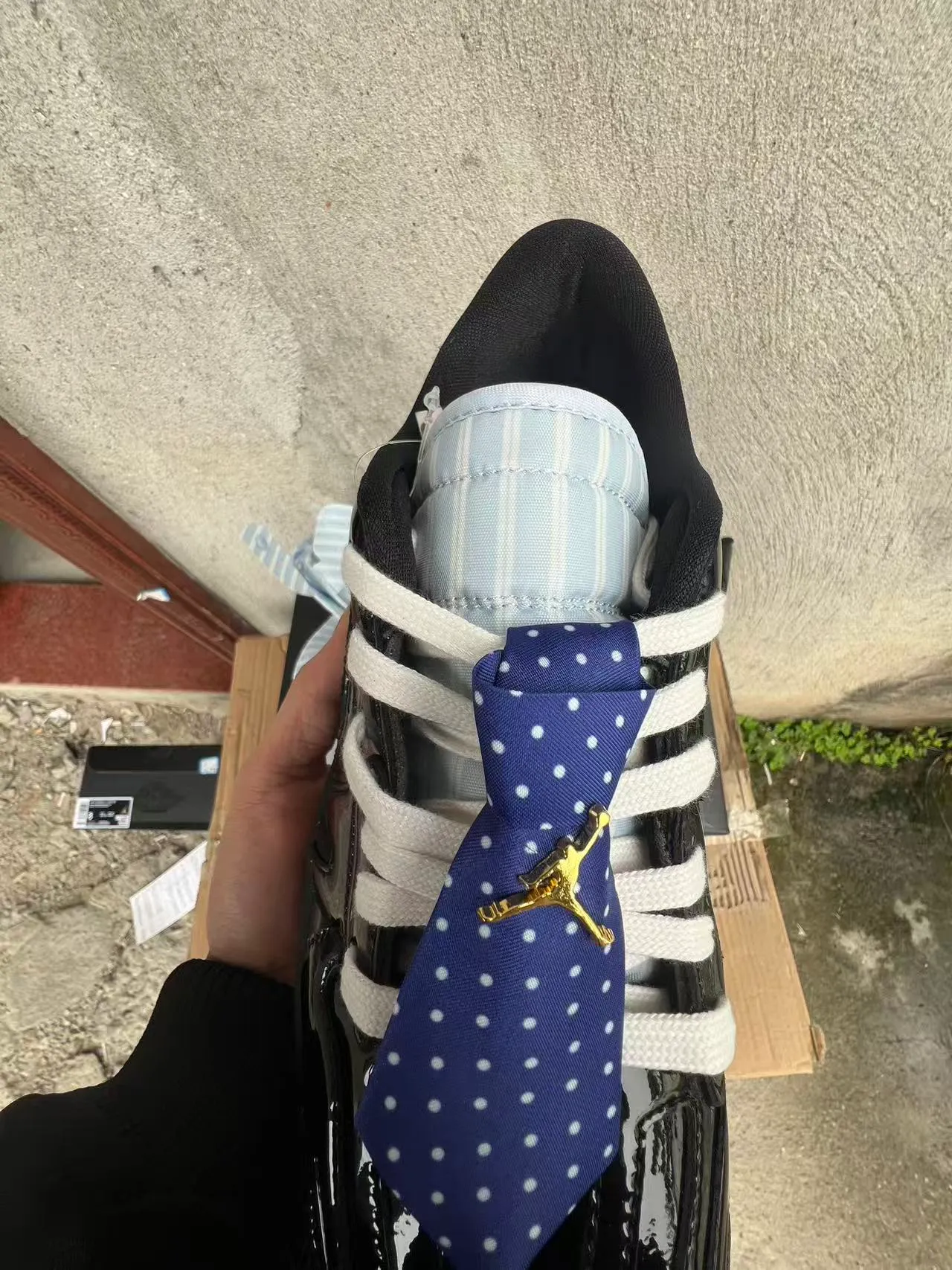 Nike Air Jordan 1 Low Glossy Patent Black White Blue Bow Lifestyle Sneaker 4