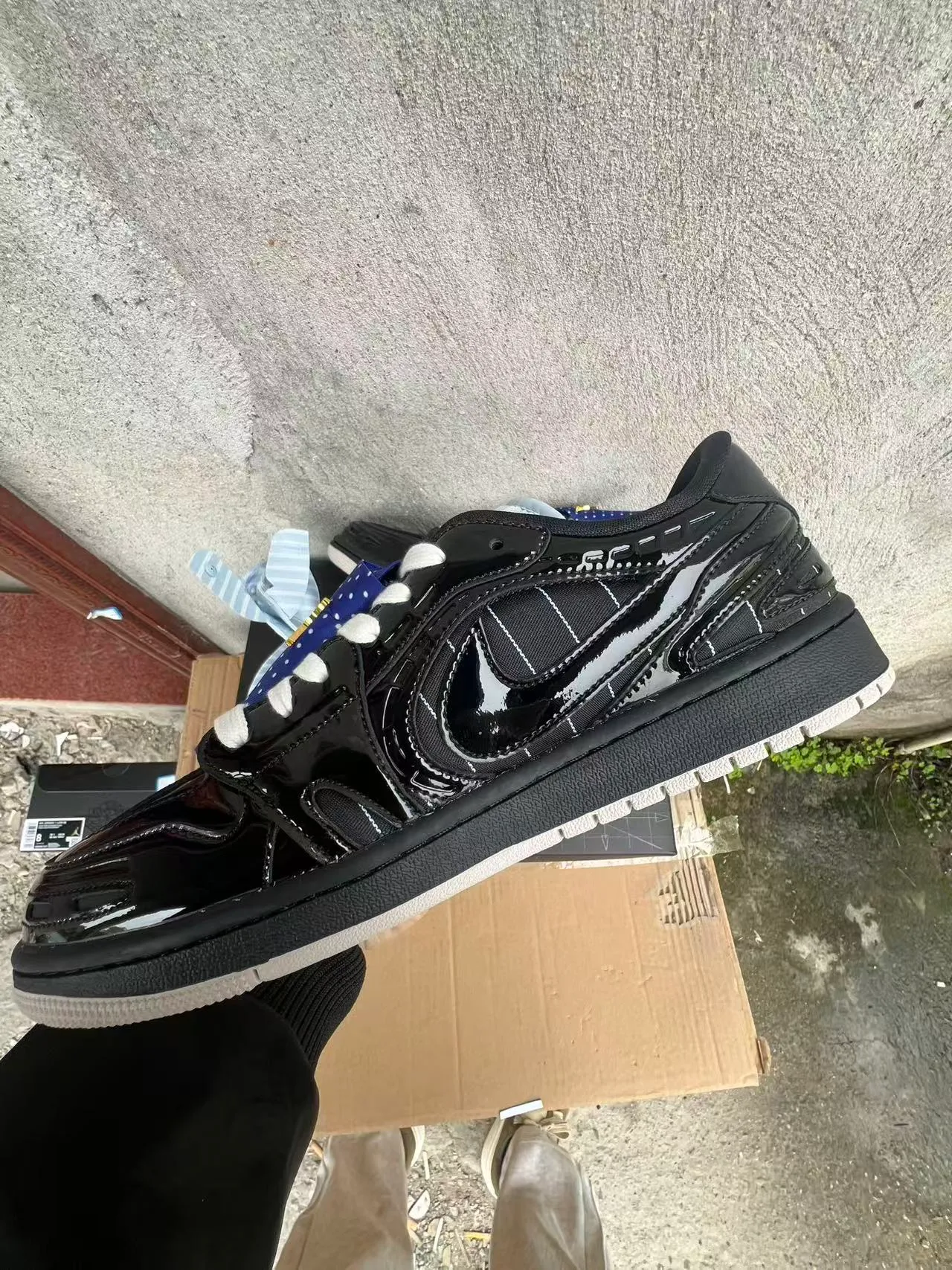 Nike Air Jordan 1 Low Glossy Patent Black White Blue Bow Lifestyle Sneaker 5