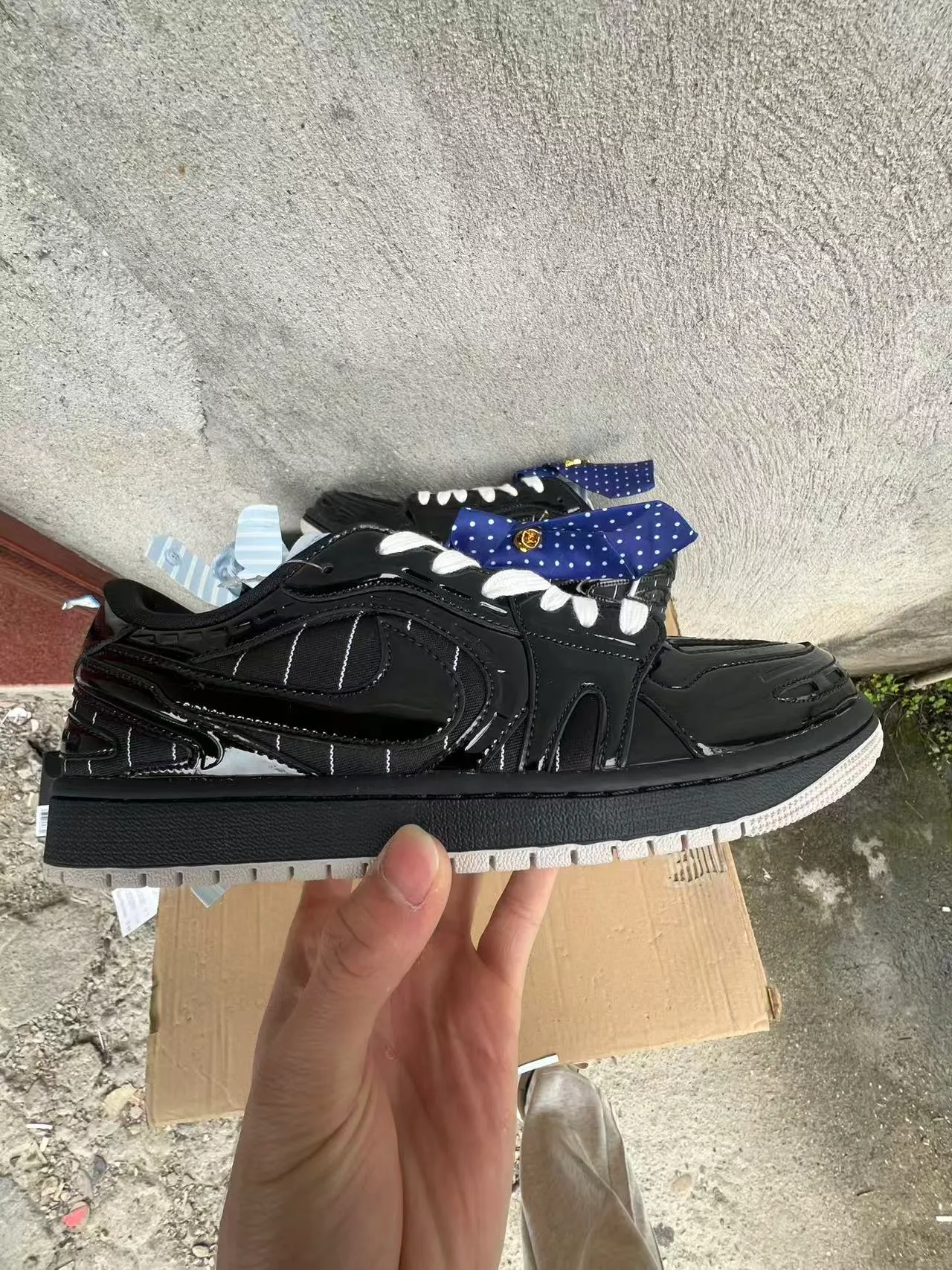 Nike Air Jordan 1 Low Glossy Patent Black White Blue Bow Lifestyle Sneaker 7