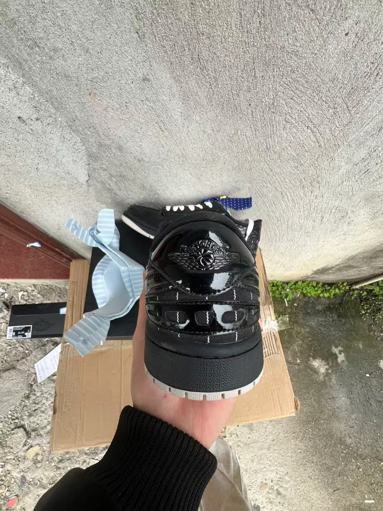 Nike Air Jordan 1 Low Glossy Patent Black White Blue Bow Lifestyle Sneaker 8