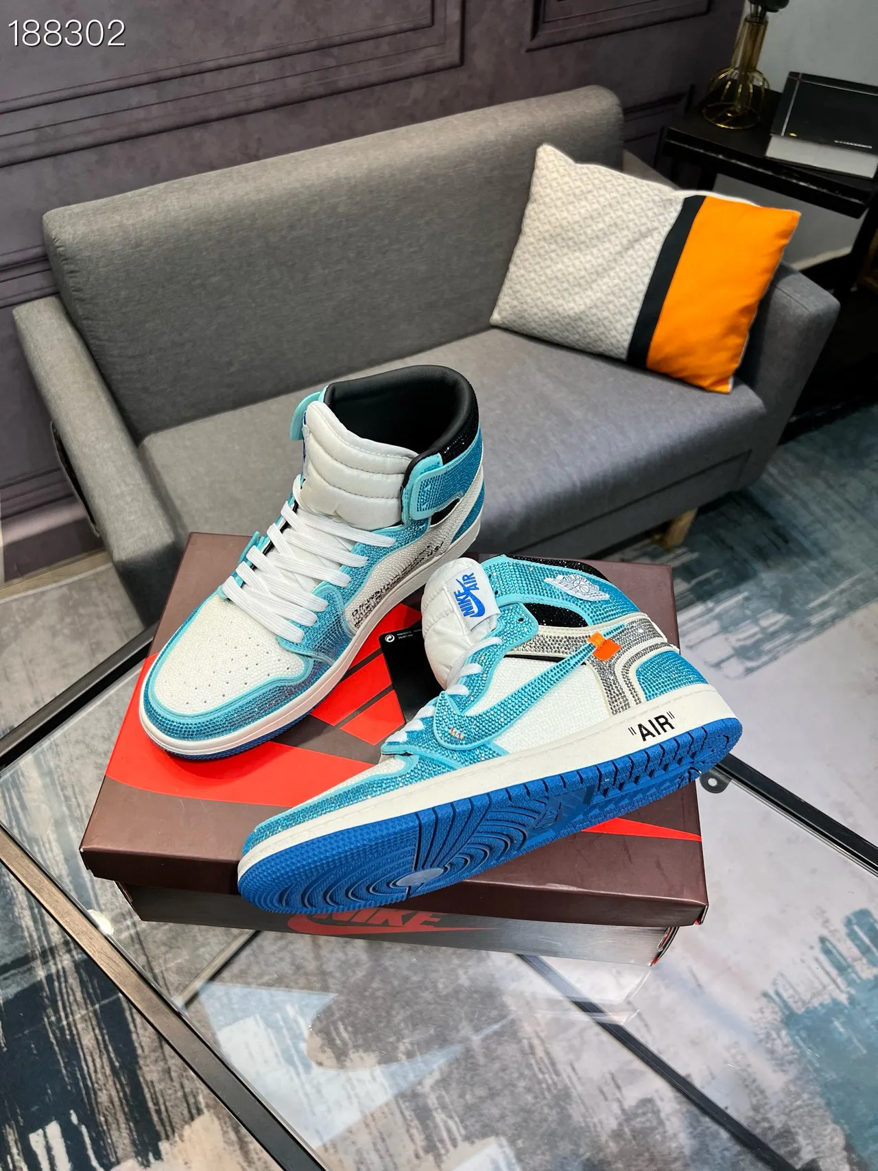Nike Air Jordan 1 Off-White collaboration cyan cristal embellished chaussures de basketball 8