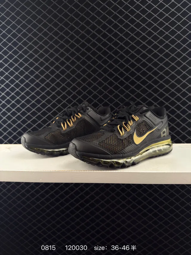 Nike Air Max Preto Dourado Amortecimento Visível de Comprimento Total Respirável Malha Superior Tênis de Corrida 3