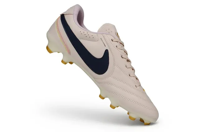 Nike Beige Navy Leather Upper Perforated Tongue Firm-Ground Soccer Shoes 3