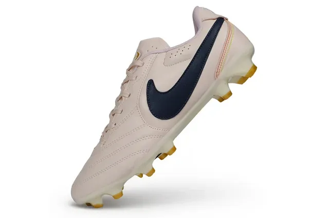 Nike Beige Navy Leather Upper Perforated Tongue Firm-Ground Soccer Shoes 4