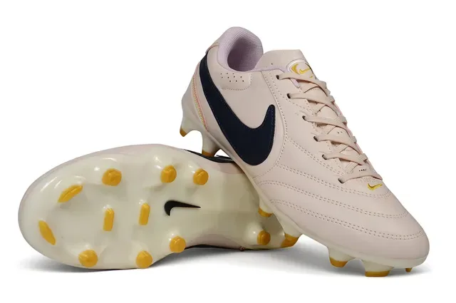 Nike Beige Navy Leather Upper Perforated Tongue Firm-Ground Soccer Shoes 5