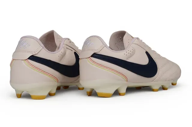 Nike Beige Navy Leather Upper Perforated Tongue Firm-Ground Soccer Shoes 6