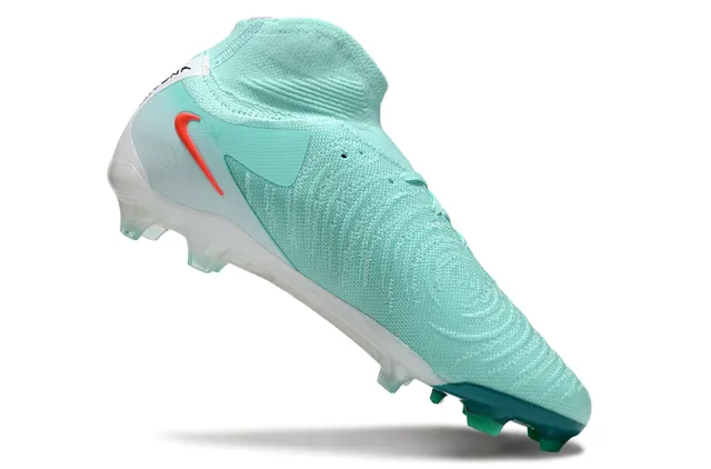 Nike Blue Red High-Cut Sock-Fit Collar Translucent Teal Heel Cage Firm-Ground Soccer Shoes 2