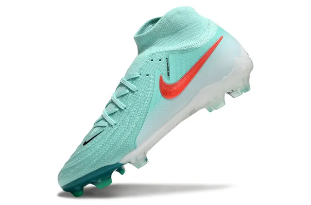 Nike Blue Red High-Cut Sock-Fit Collar Translucent Teal Heel Cage Firm-Ground Soccer Shoes 3