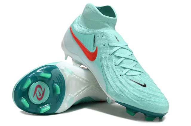 Nike Blue Red High-Cut Sock-Fit Collar Translucent Teal Heel Cage Firm-Ground Soccer Shoes 4