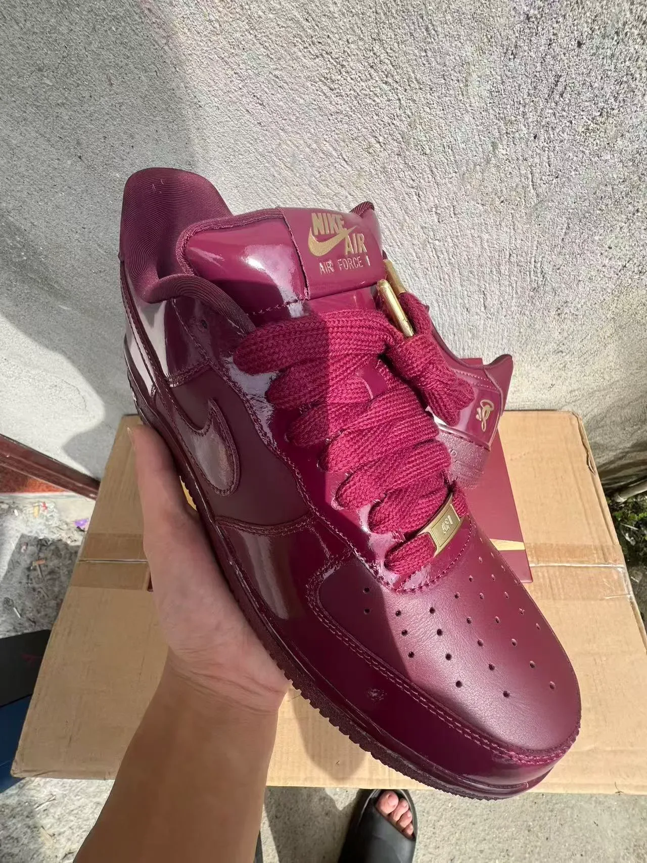 Nike Burgundy Gold Glossy Patent Leather Upper Monochromatic Lifestyle Sneakers 2