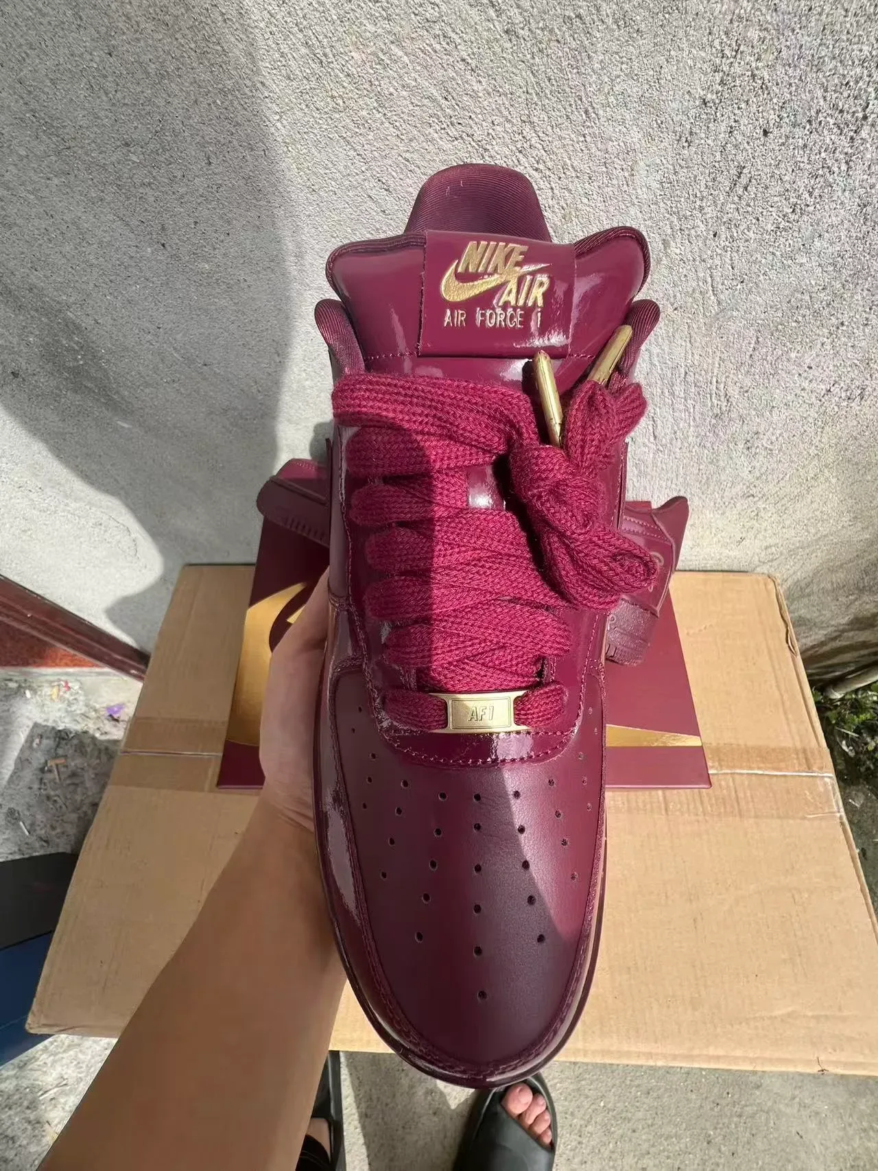 Nike Burgundy Gold Glossy Patent Leather Upper Monochromatic Lifestyle Sneakers 3