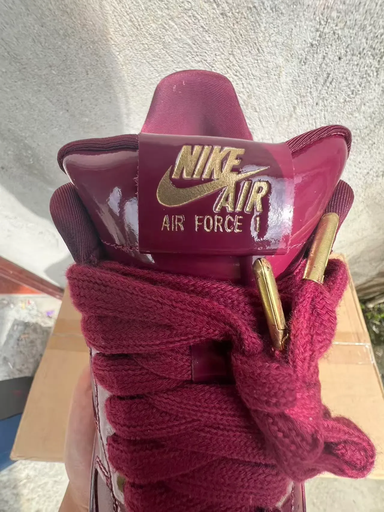 Nike Burgundy Gold Glossy Patent Leather Upper Monochromatic Lifestyle Sneakers 4