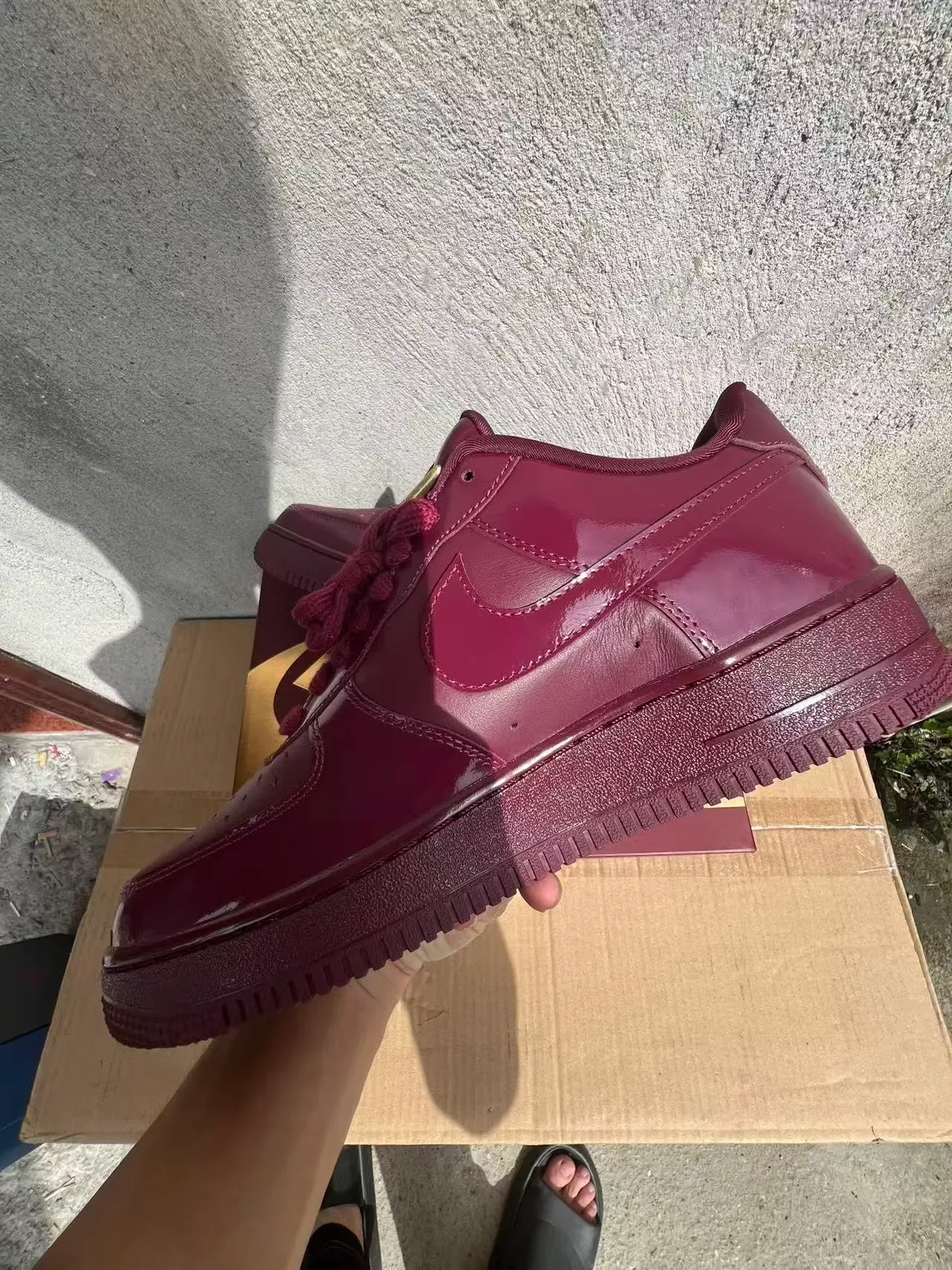 Nike Burgundy Gold Glossy Patent Leather Upper Monochromatic Lifestyle Sneakers 5