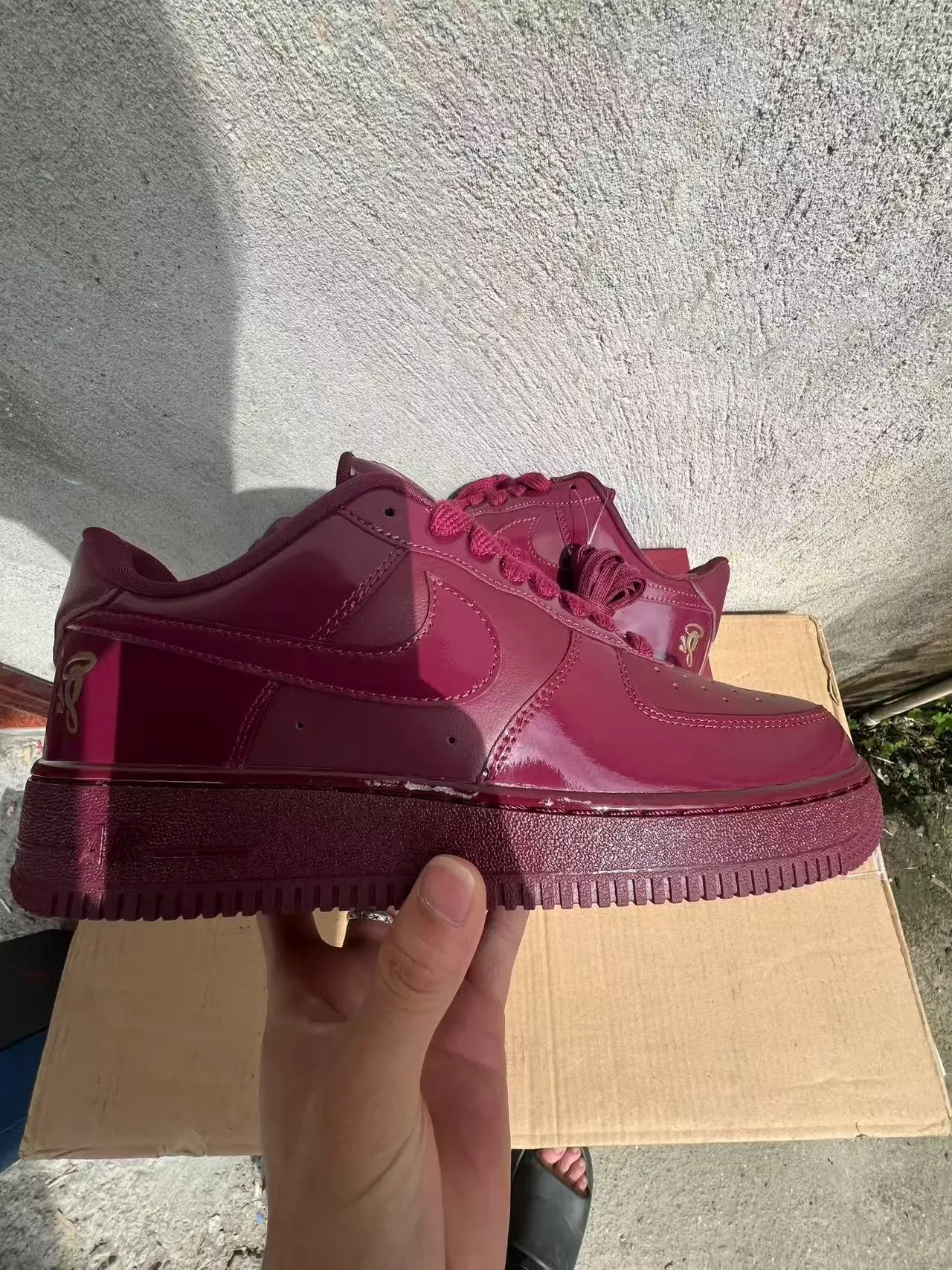 Nike Burgundy Gold Glossy Patent Leather Upper Monochromatic Lifestyle Sneakers 7