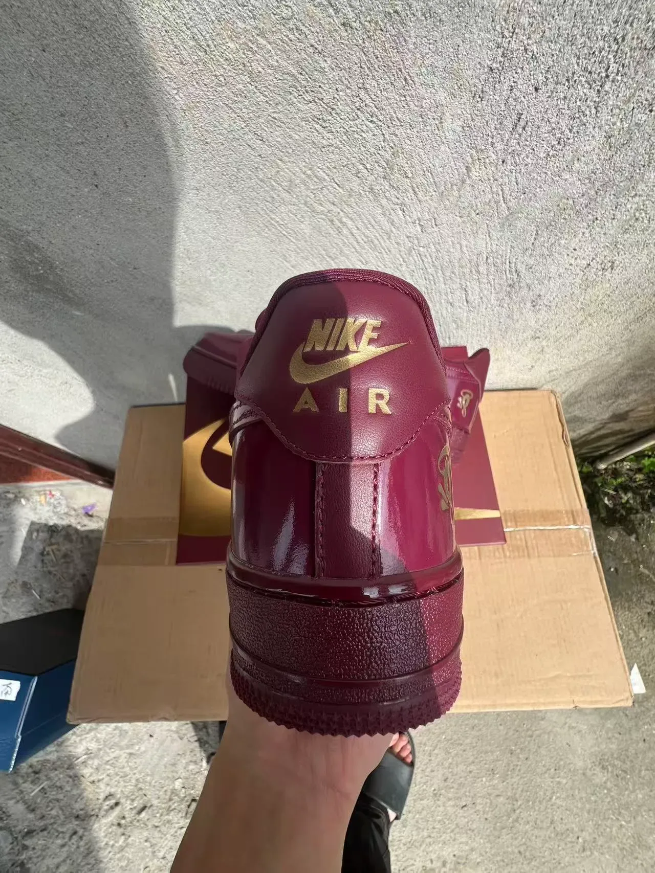 Nike Burgundy Gold Glossy Patent Leather Upper Monochromatic Lifestyle Sneakers 8