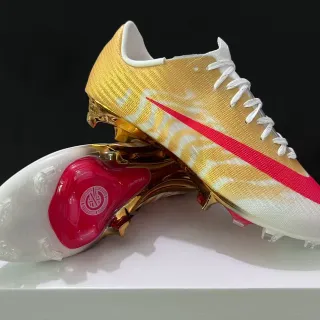 Nike Gold Red Metallic Knit Upper Swoosh Accent Firm-Ground Soccer Shoes
