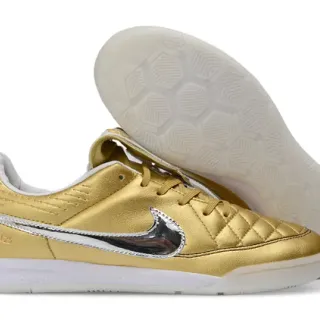 Nike Gold Silver Metallic Leather Quilted Toe Indoor Soccer Shoes