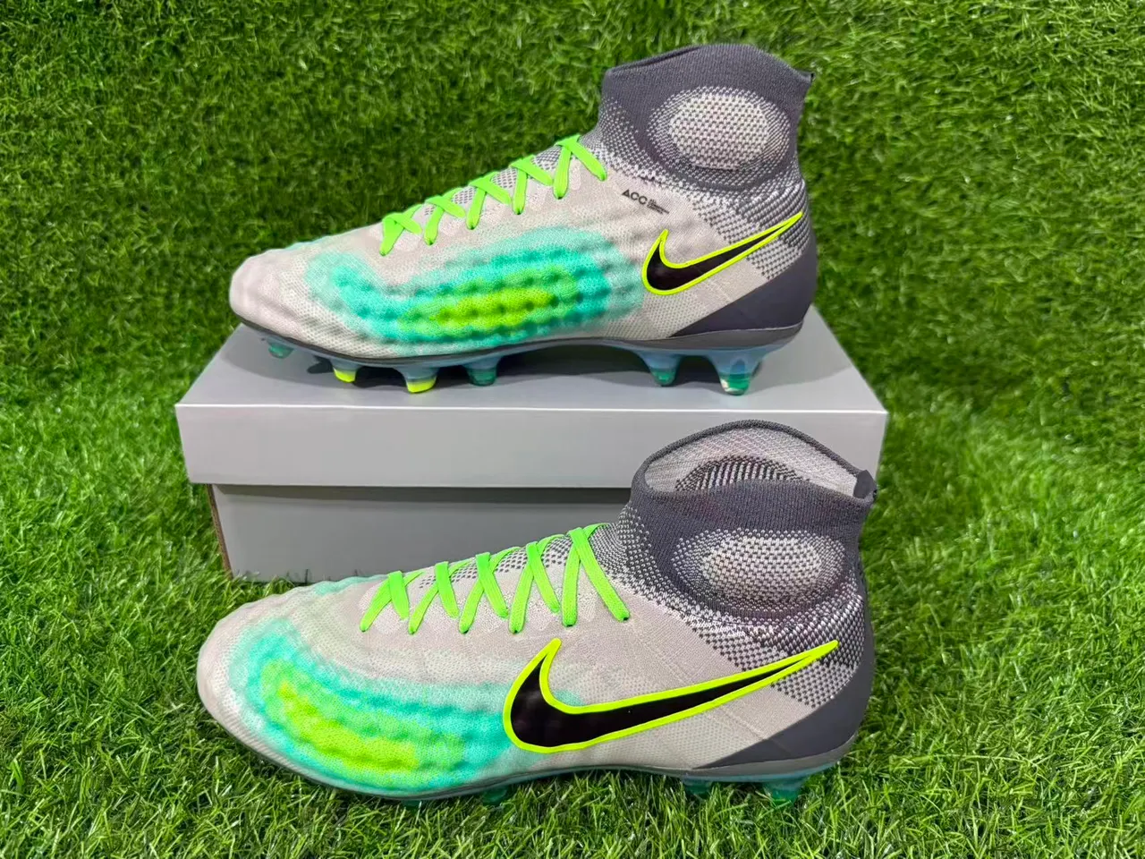 Nike Gray Green High-Cut Knit Sock Collar Asymmetrical Lacing Firm-Ground Soccer Shoes 8