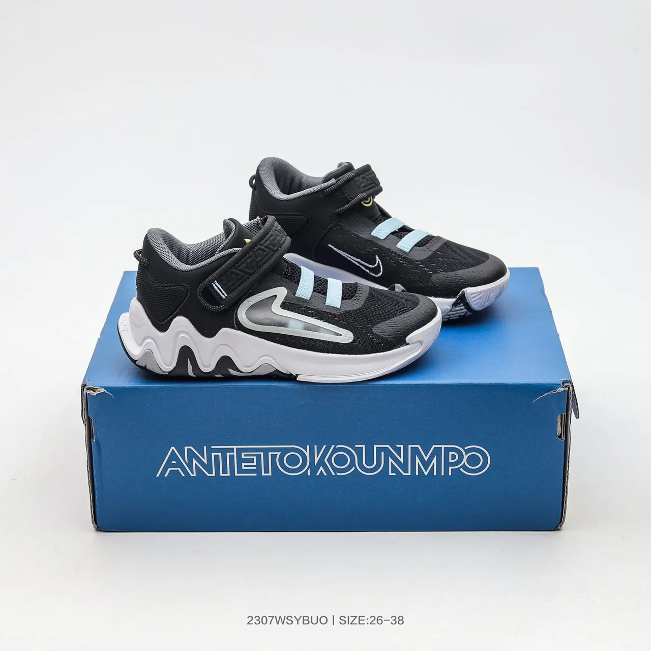 Nike Kids Navy and Light Blue Laceless Basketball Shoes 13