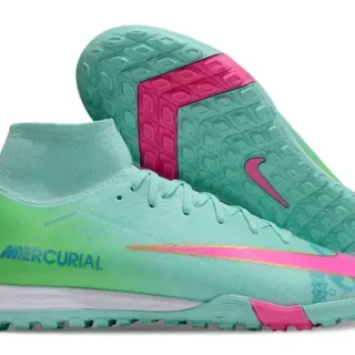 Nike Mercurial Verde Rosa Alto Corte Flyknit Collar Suela Moldada Turf Zapatos de Fútbol
