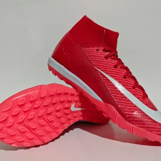 Nike Mercurial Rojo Blanco Alto Tacón Cuello De Calcetín Texturizado Sintético Superior Césped Zapatos De Fútbol