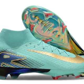 Nike Mercurial Superfly Azul Dorado Alto Ajuste Calcetín Zapatos de Fútbol para Terreno Firme