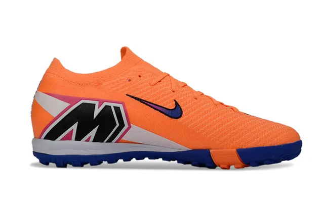 Nike Chaussures de soccer indoor à empeigne tricotée orange bleue col bas 7
