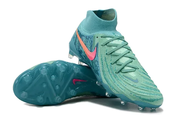 Nike Phantom GT Chaussures de football Bleu Rose Empeine maille coupe haute Lacets asymétriques Terrain ferme 4