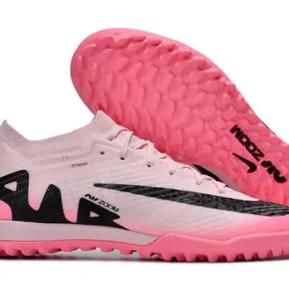 Nike Zapatos de fútbol Turf Flyknit Knit Upper rosa y negro con Swoosh y gráfico lateral