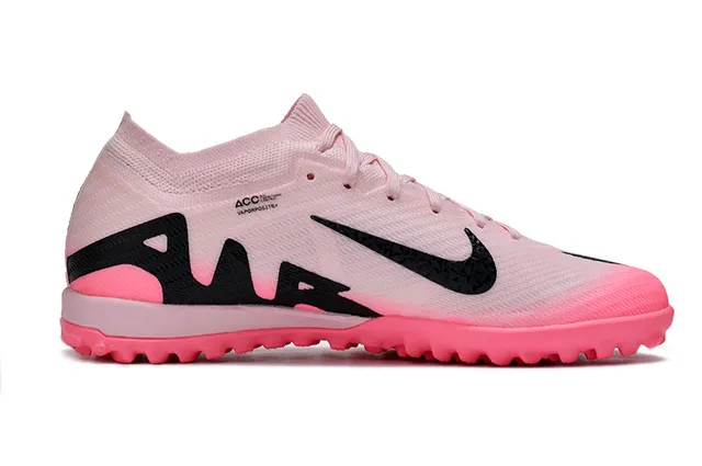 Nike Sapatos de futebol Turf Flyknit Knit Upper rosa e preto com Swoosh e gráfico lateral 5