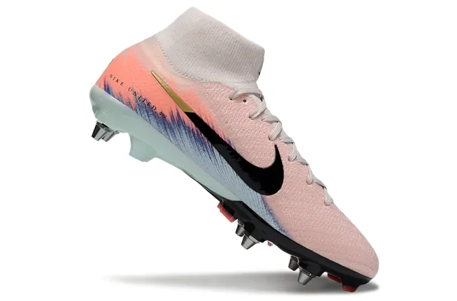 Nike Rose Bleu Chaussures de Football Hautes en Maille Col de Chaussette Sangle Sol Ferme 2