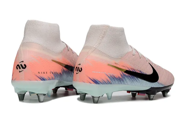 Nike Rose Bleu Chaussures de Football Hautes en Maille Col de Chaussette Sangle Sol Ferme 4