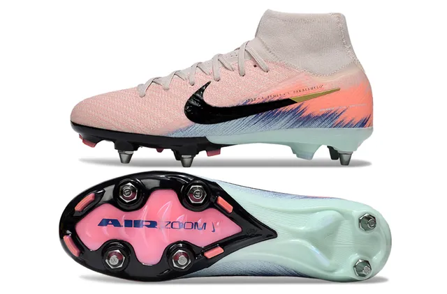 Nike Rose Bleu Chaussures de Football Hautes en Maille Col de Chaussette Sangle Sol Ferme 5