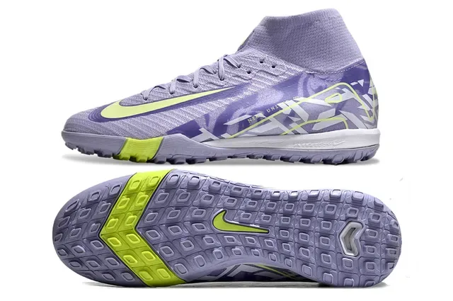 Nike Purple Yellow High-Cut Knit Upper Neon Lime Green Swoosh Turf Soccer Shoes 5