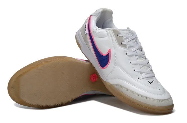 Nike Tiempo Blanc Bleu Low-Top Cuir-Suede Supérieur Chaussures de Football Indoor 4
