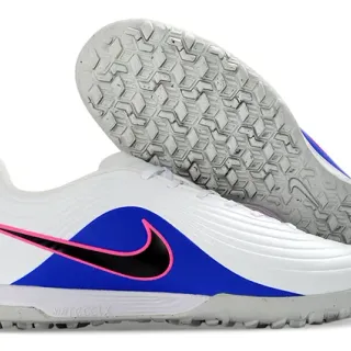 Nike Blanco Azul Bajo Corte Superior Sintético Ranurado Antepié Superposición Zapatos de Fútbol para Césped