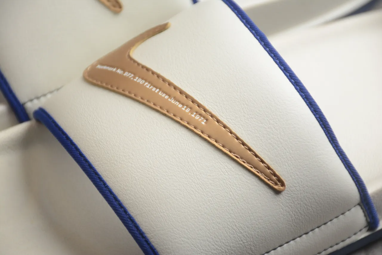 Nike White Blue Molded EVA Footbed Tan Leather Accent Tab Slippers 6